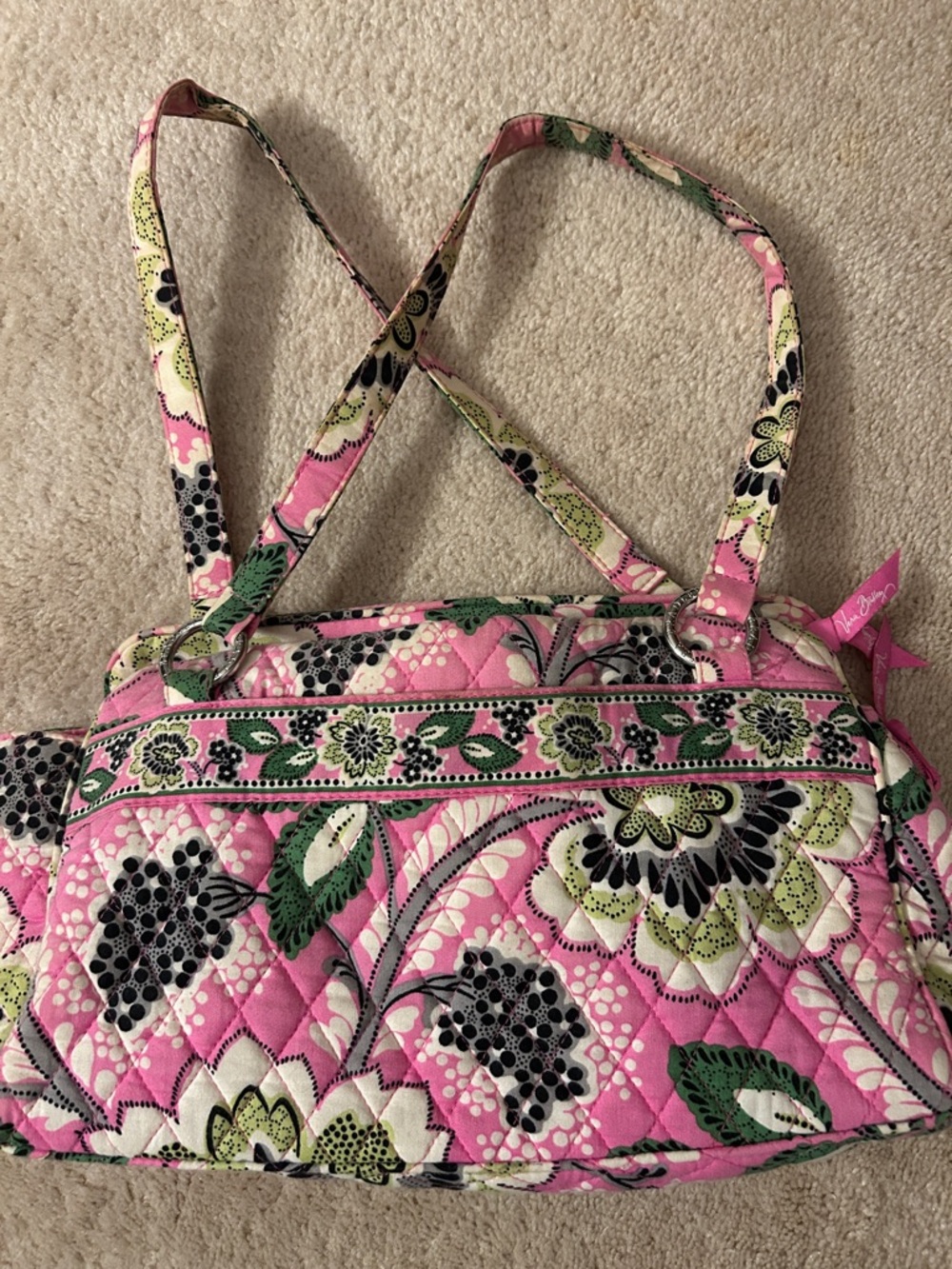 Vera Bradley Pink Floral Quilted Shoulder Tote with Green Accents
